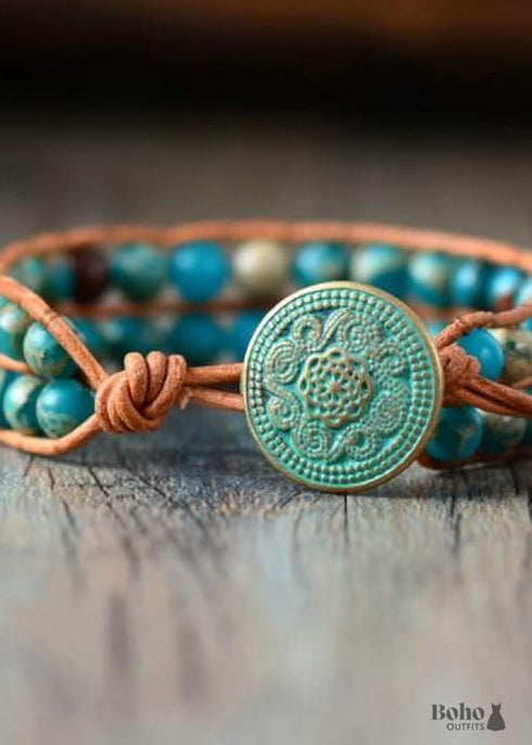 Pulsera Boho, Pulsera de Cuero con Capas, Piedras de Jaspe de 6 mm